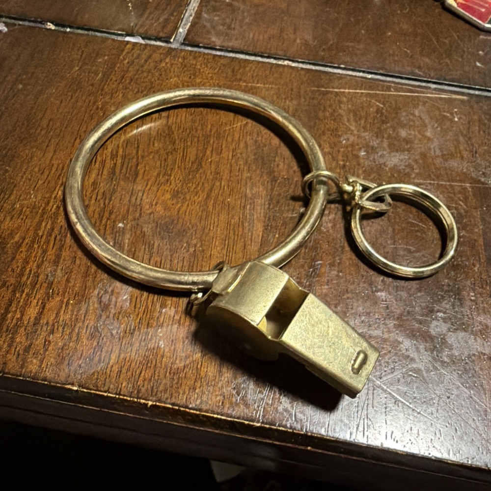 Vintage Brass Oversized Wrist Bangle Bracelet Keychain With Whistle Valet Vtg